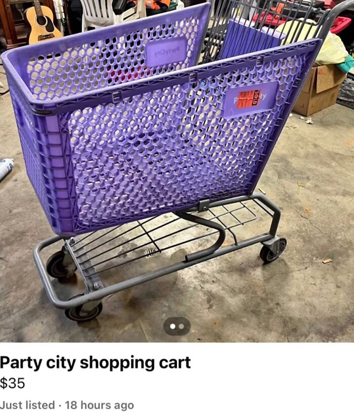 Purple Party City shopping cart pictured in a garage