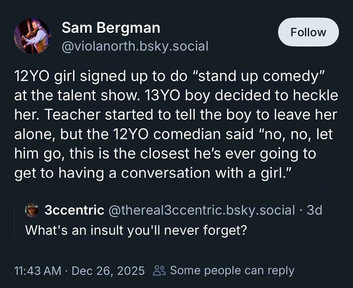 Tweet describing a 12-year-old comedian handling a heckler at talent show