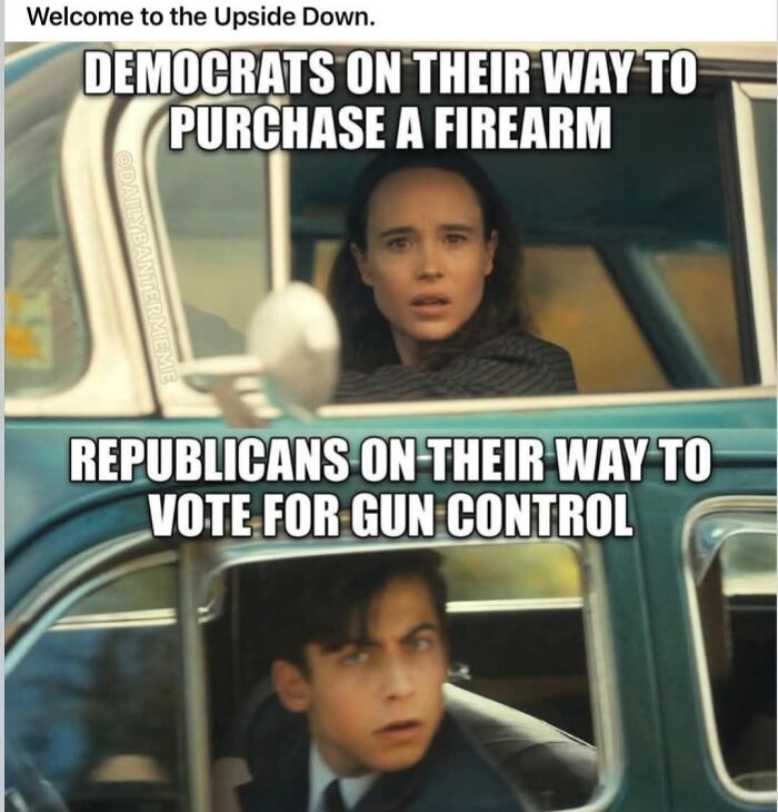 Meme showing Democrats buying firearms and Republicans voting for gun control