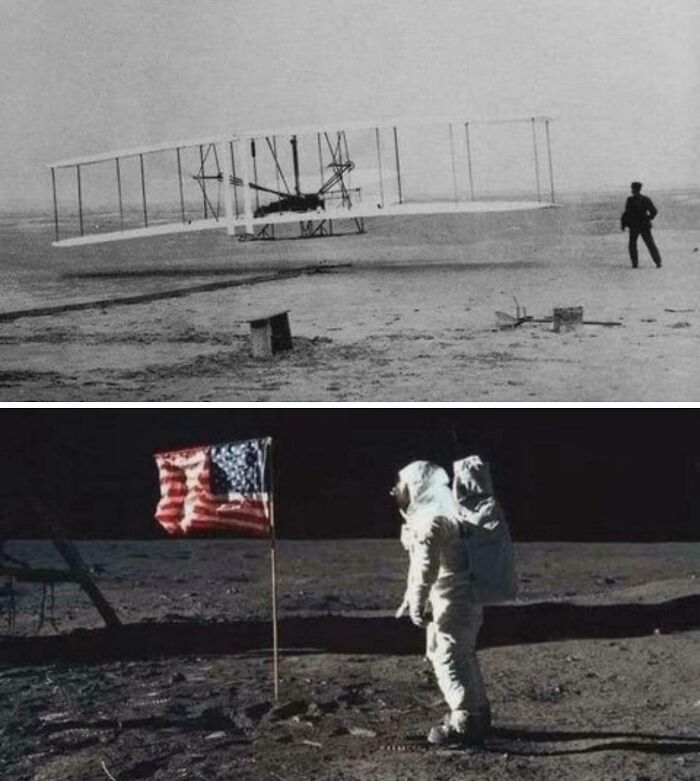 Historical photo of first airplane flight versus moon landing, history curiosity