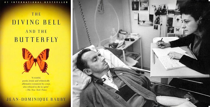 Book cover of The Diving Bell and the Butterfly next to a patient illustrating medical curiosities