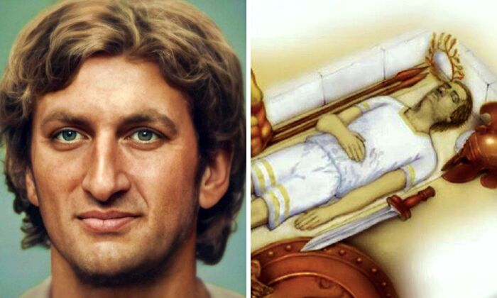 Ancient man reconstruction and burial illustration curiosity