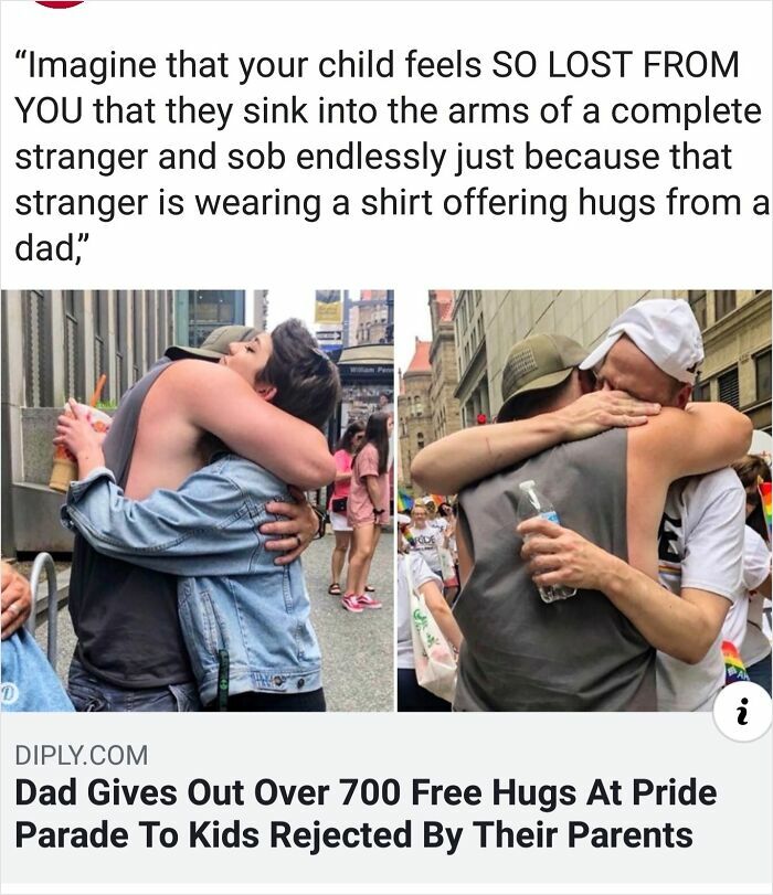 Images showing dad giving free hugs at pride parade to kids rejected by parents