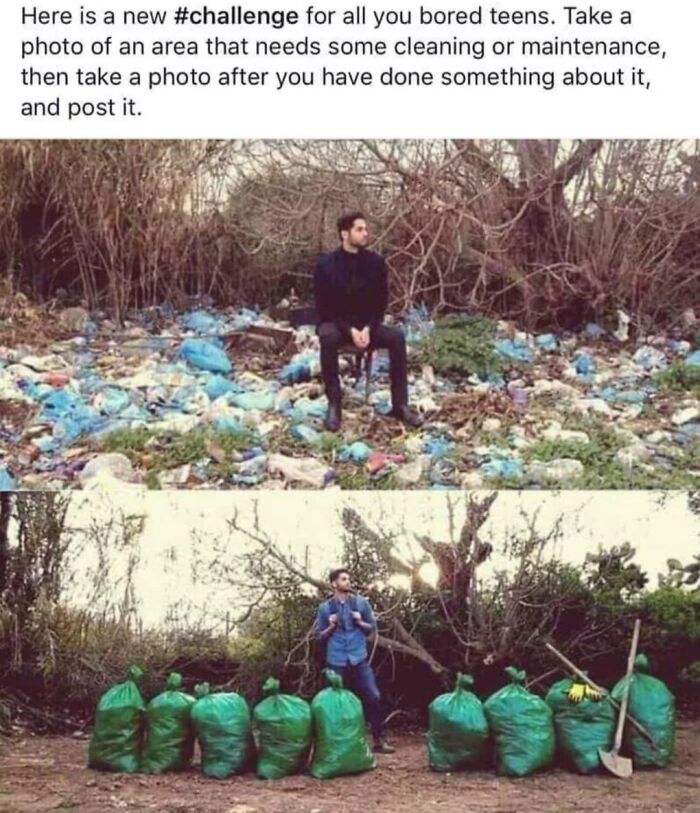 Man cleaning up littered area with green trash bags challenge positivity posts