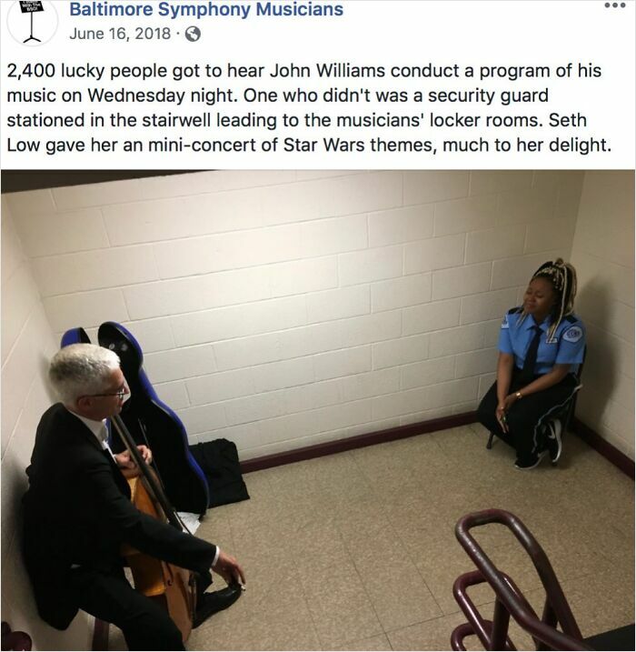 Musician plays Star Wars theme for security guard bringing joy and positivity