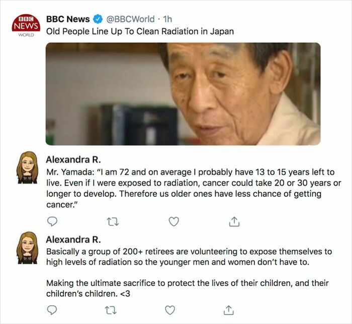Tweet highlighting older volunteers cleaning radiation in Japan