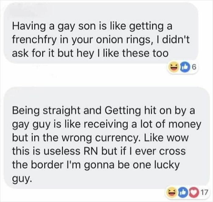 Funny text meme about being gay and unexpected compliments compared to money and snacks