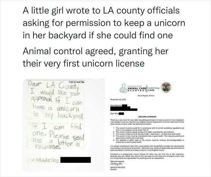 Little girl gets first unicorn license from LA animal control for backyard unicorn