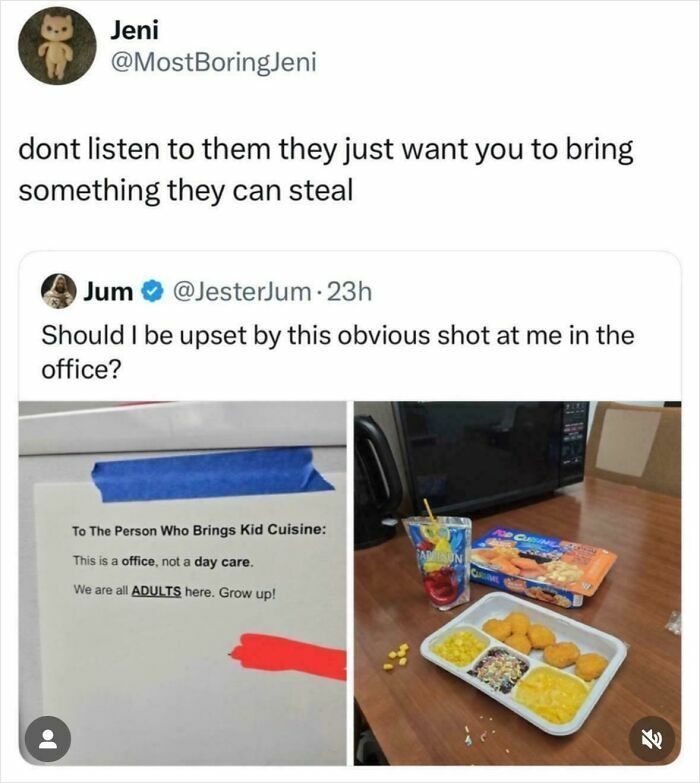 Office note about bringing Kid Cuisine and adult work environment