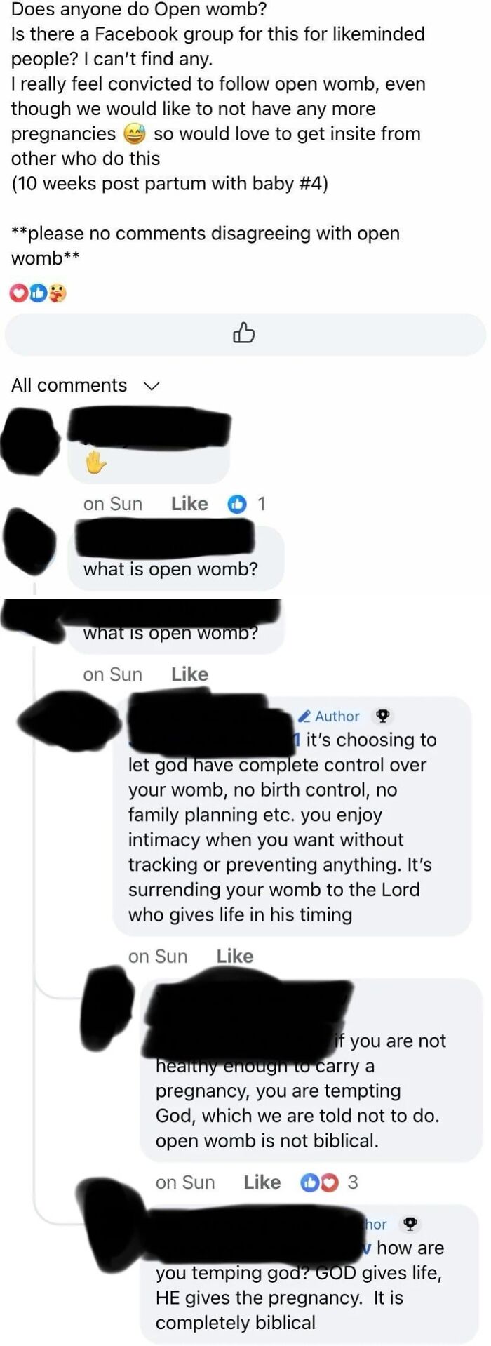 Discussion about open womb practice and its spiritual beliefs in parenting group
