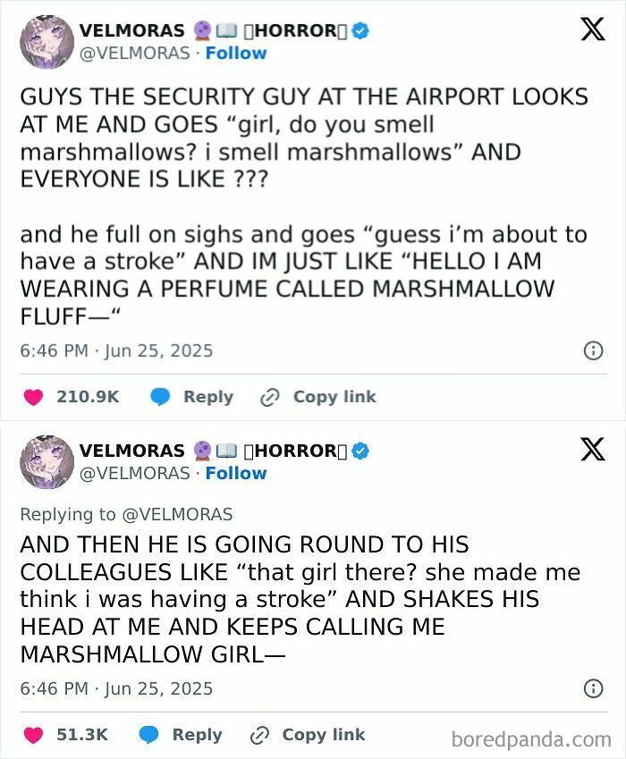 Cringe story about airport security mistaking perfume for marshmallows