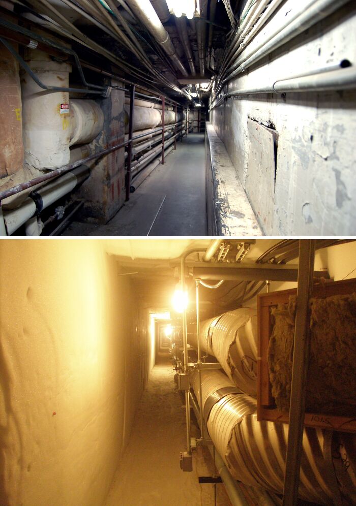 Narrow industrial tunnel with pipes and lighting illustrating Backrooms levels
