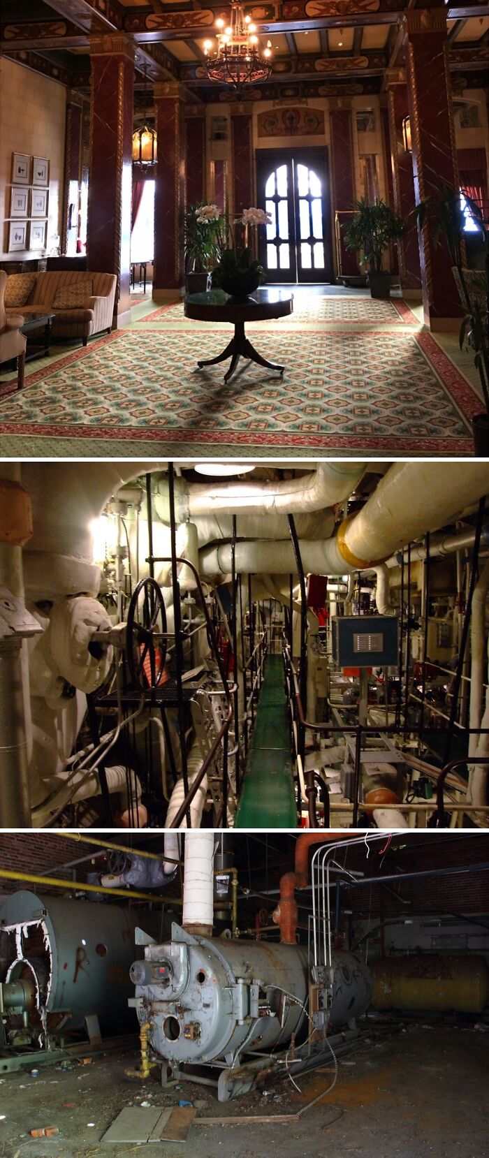 Backrooms levels showing vintage lobby, industrial machinery room, and rusty equipment area