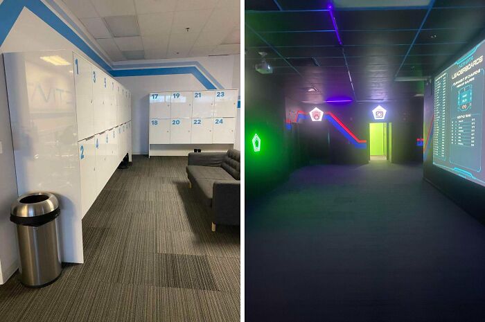 Locker room with numbered white cabinets and grey couch interior