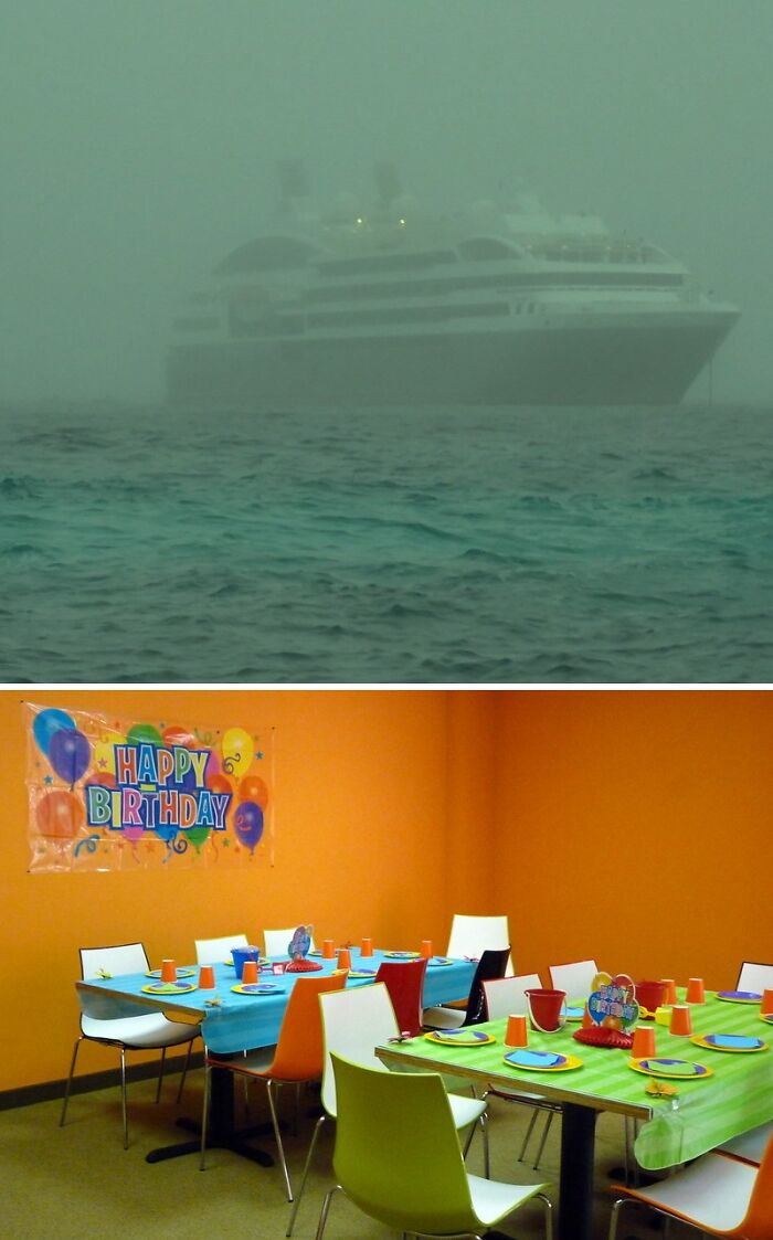 Large ship barely visible in thick fog over the water