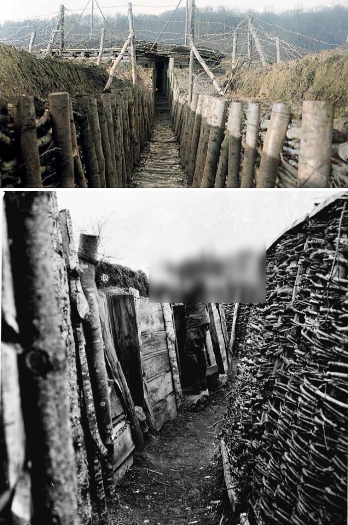 Wooden and earth trench from wartime with barbed wire overhead