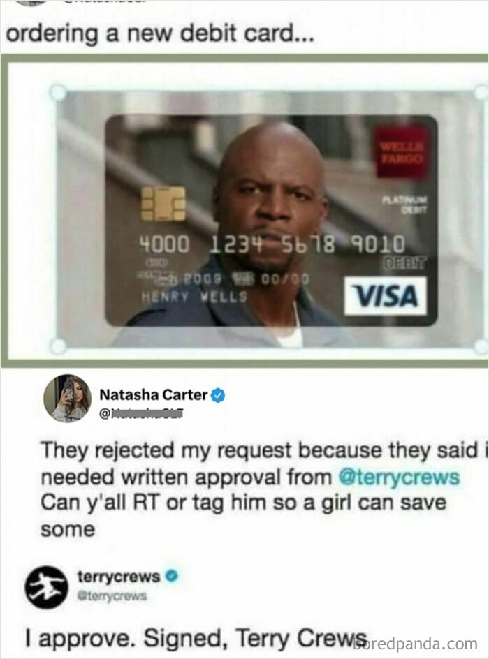 Clever comment on ordering debit card with Terry Crews approval