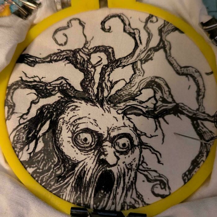 Spooky tree monster face embroidery project in progress