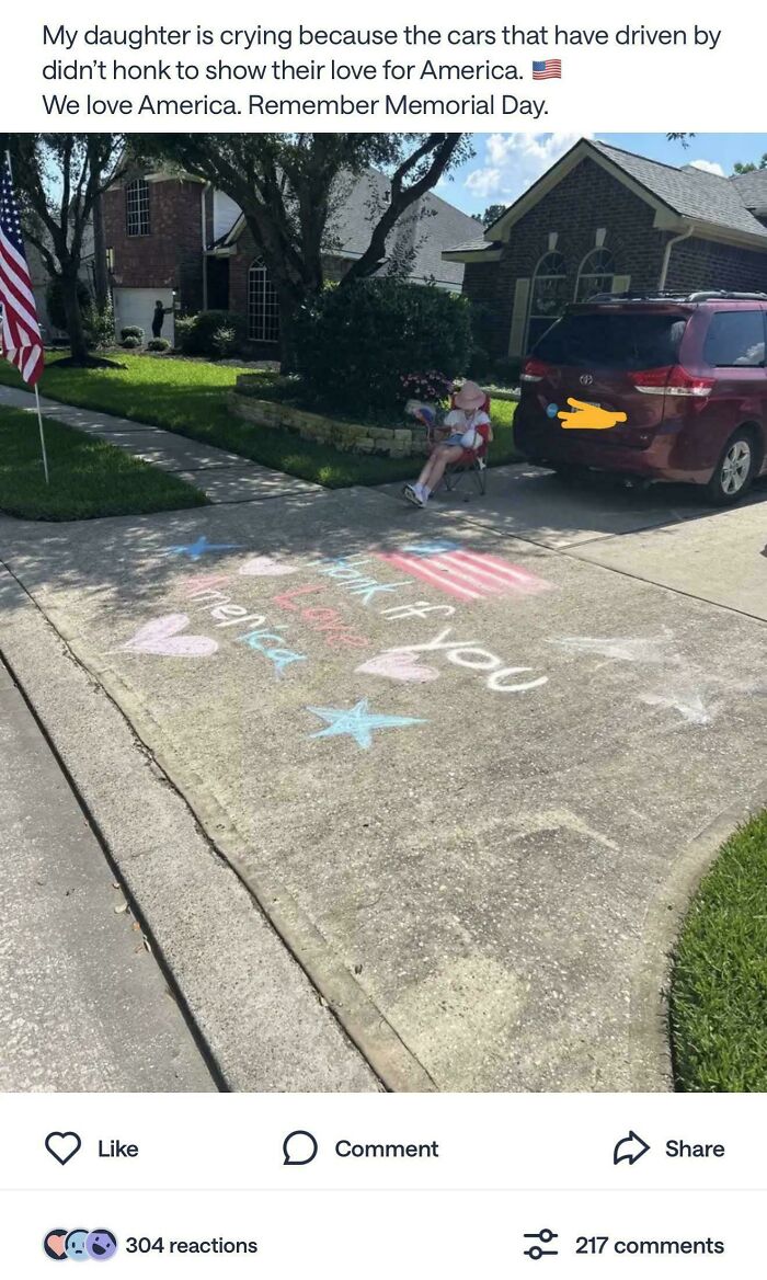 Hilarious screenshot from a neighborhood online community, a child on a driveway decorated with chalk, flags.