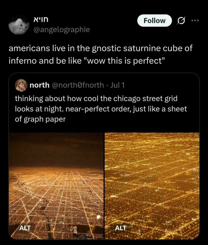 Chicago street grid illuminated at night showing perfect city layout