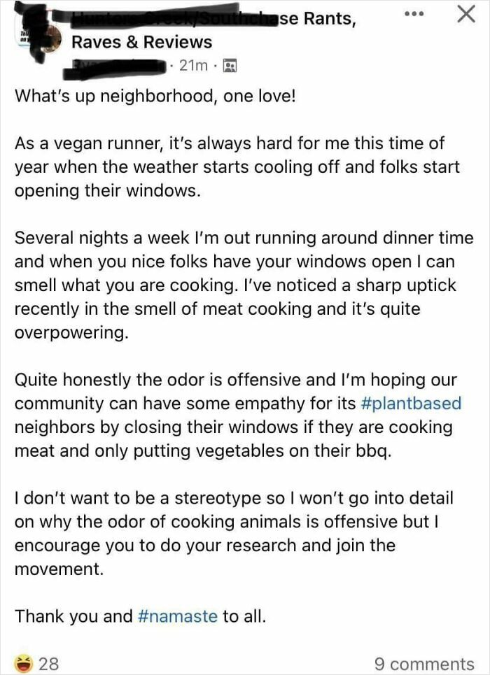 Vegan runner complaining about meat cooking smells from neighbors' windows
