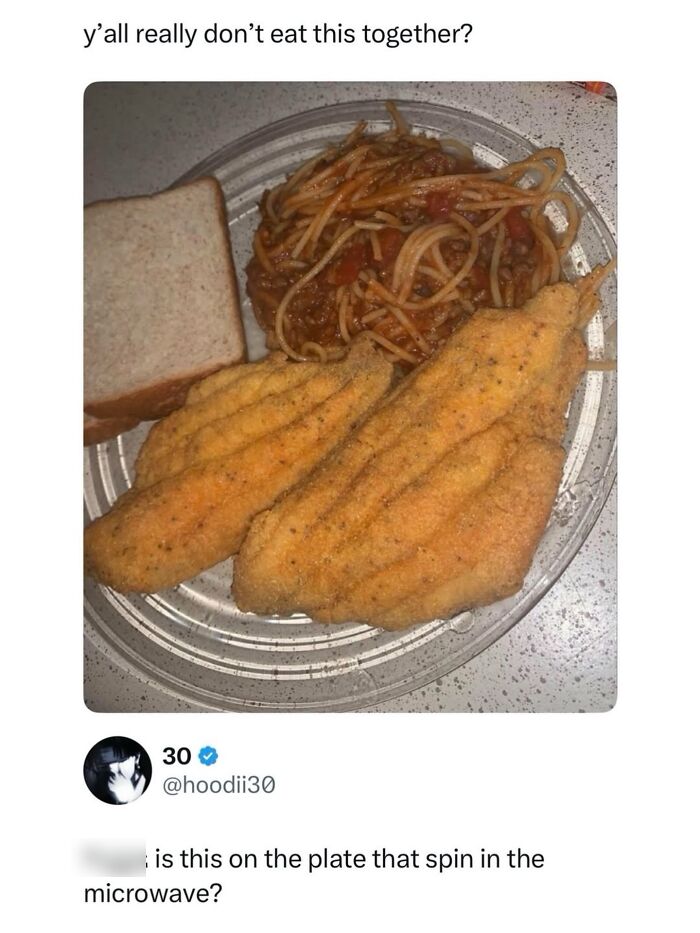 Plate with fried catfish, spaghetti, and white bread in godless comments joke