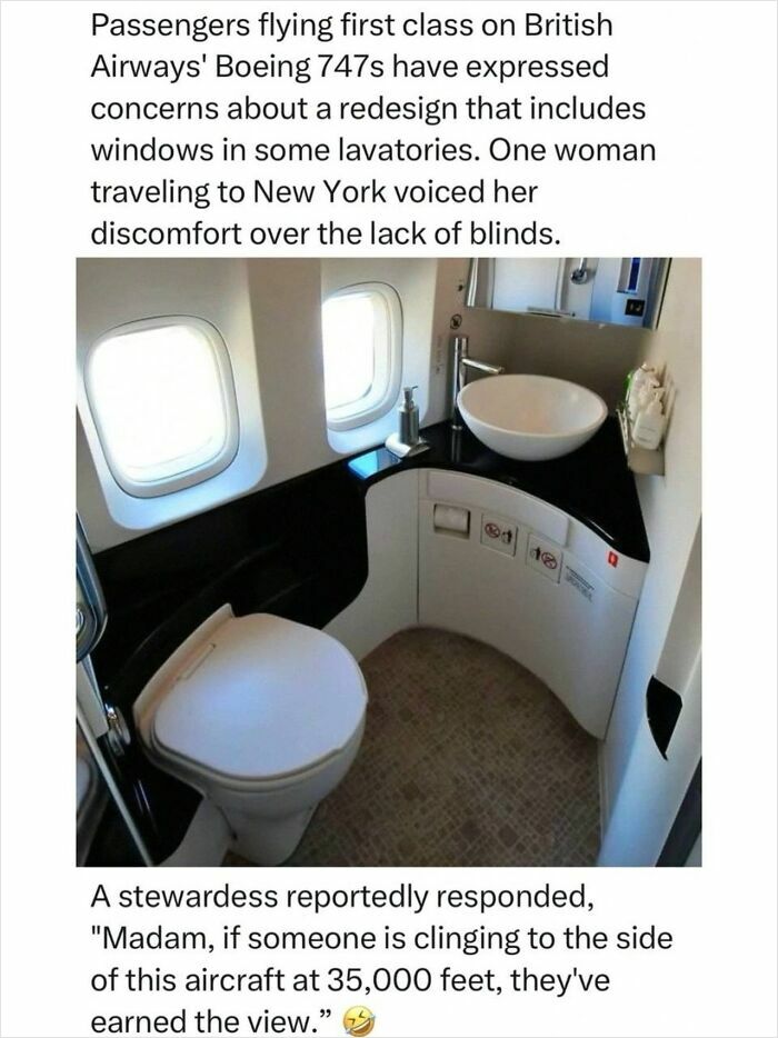 British Airways Boeing 747 first class lavatory with windows and no blinds humor comment