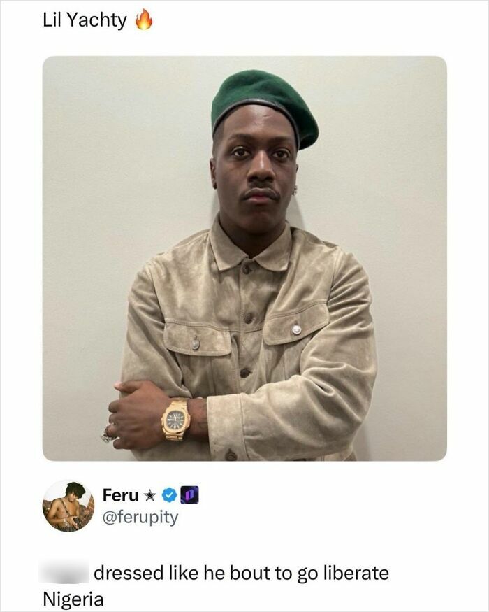 Photo of Lil Yachty with a humorous godless comment about his outfit