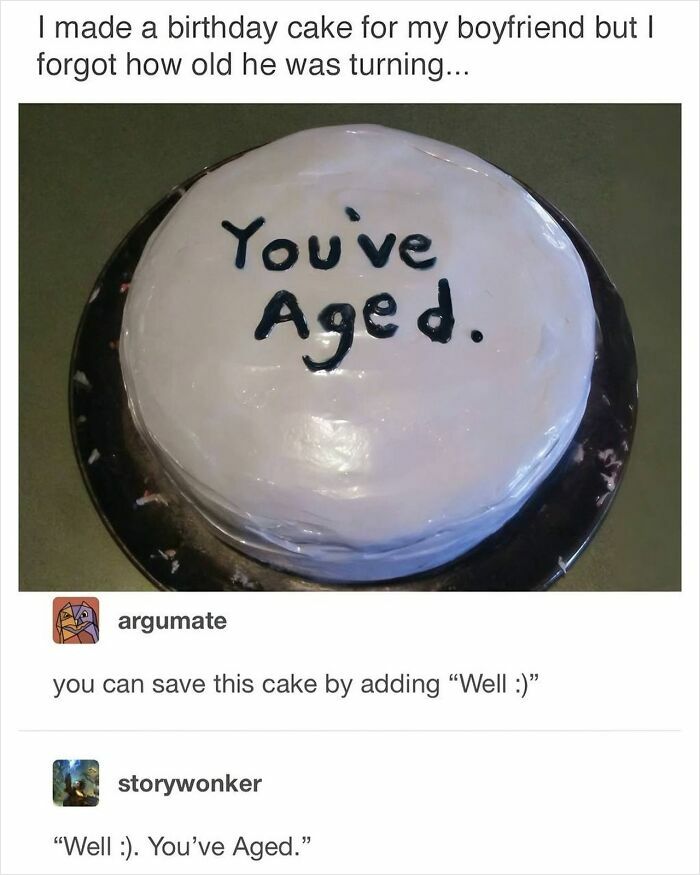 Birthday cake with Youve Aged written on white frosting in black icing