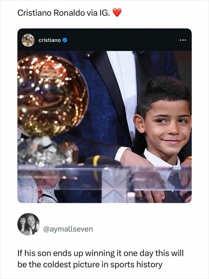 Cristiano Ronaldo with his son in a sports photo about godless comments