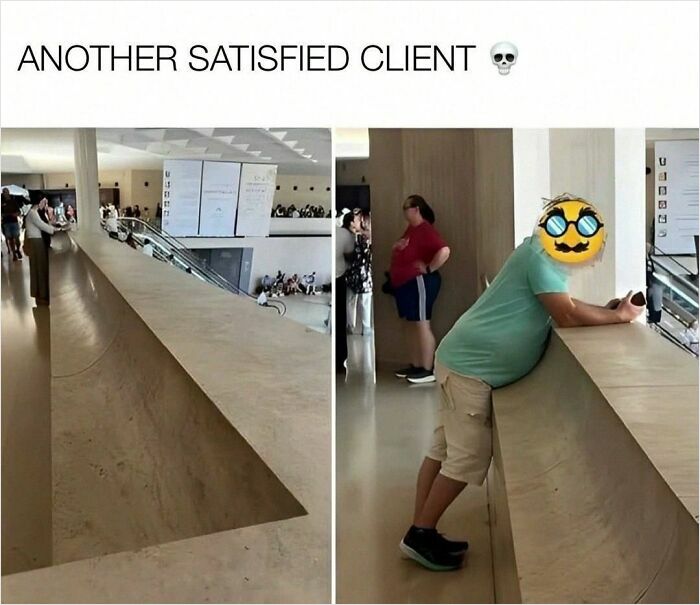 Funny architecture with curved ledge and satisfied client joke