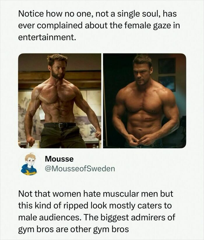 Muscular shirtless men comparison illustrating male gaze and gym culture