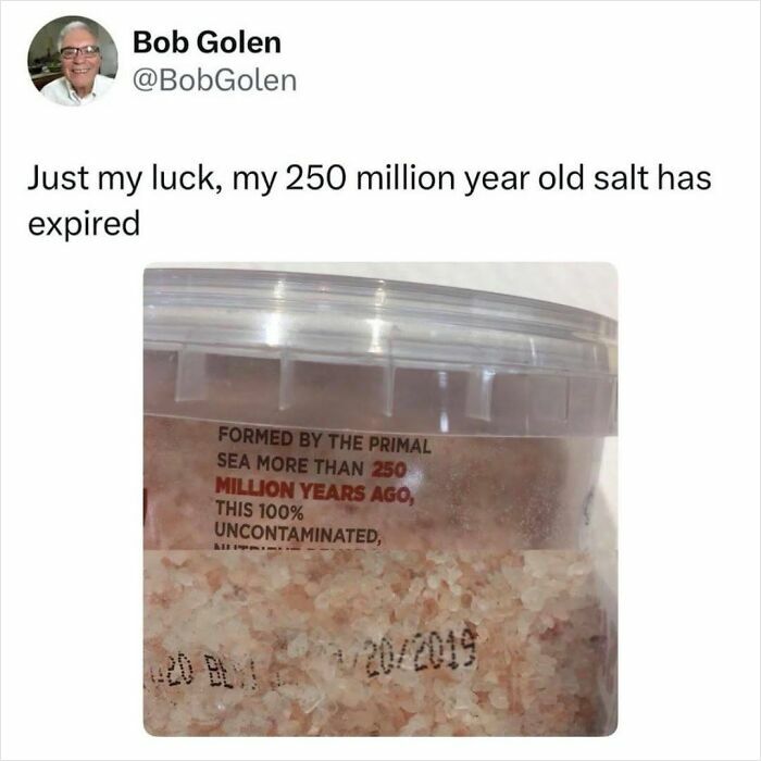 Container of 250 million year old salt with expired date closeup