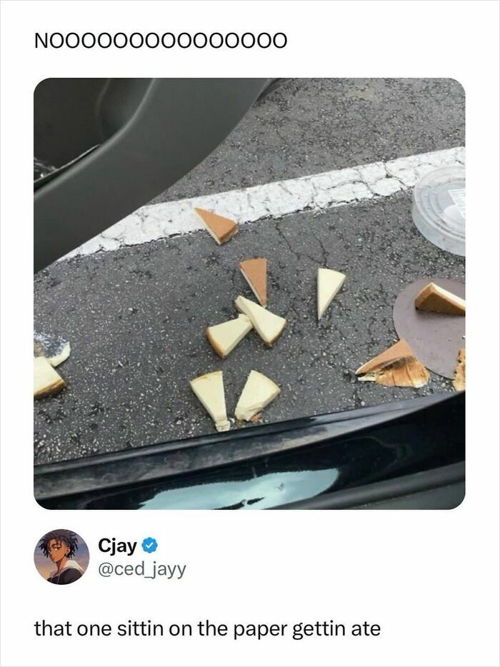 Broken cheesecake pieces spilled on asphalt in godless comments meme