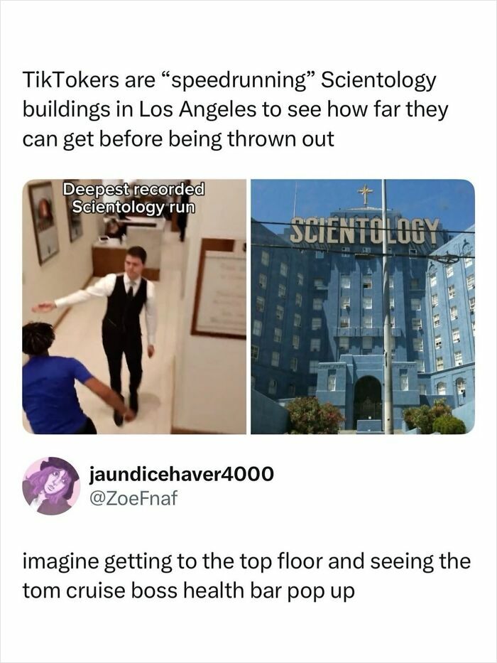 Scientology building with caption about TikTok speedrunning challenges