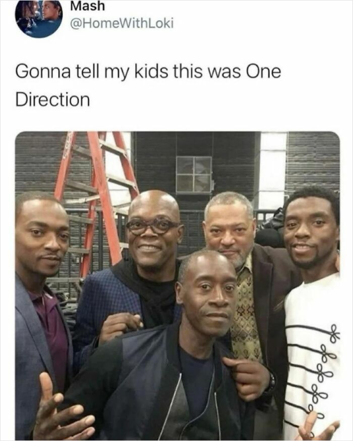Photo of five men with tweet joking about telling kids it's One Direction