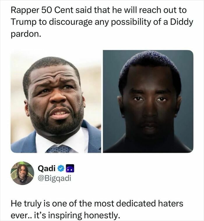 Tweet about rapper 50 Cent discouraging Trump pardon with humorous comment