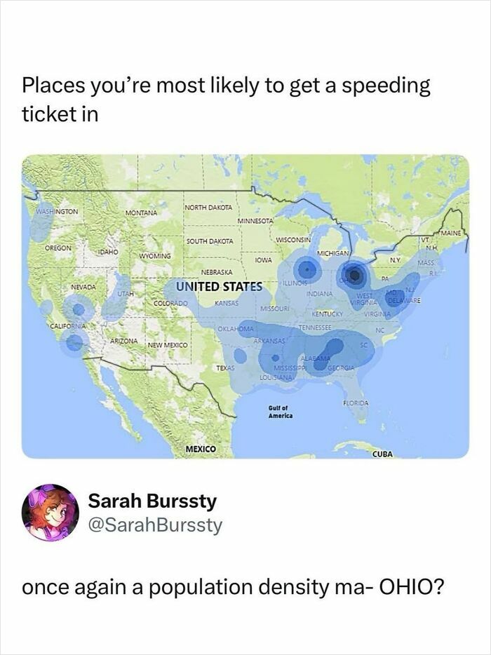 Map showing places in the United States where speeding tickets are most likely with humorous commentary
