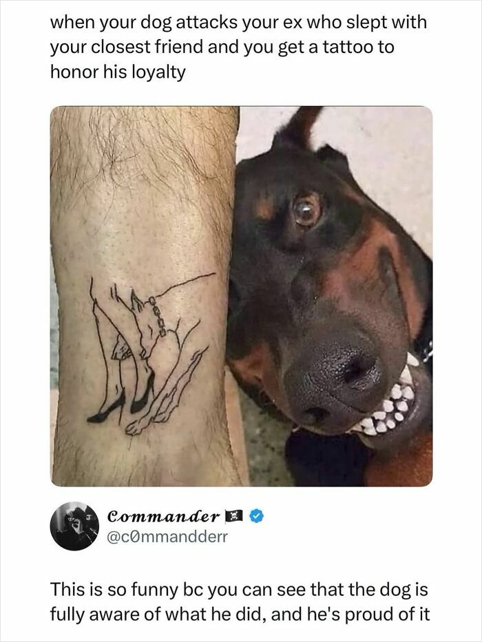 Tattoo of a dog attacking a person with a dog smiling, highlighting loyalty in a godless comment