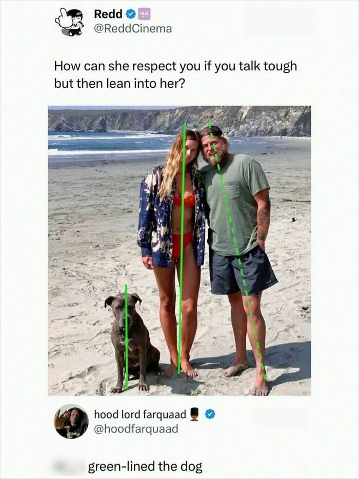 Photo of couple and dog on beach with green lines showing posture and a humorous godless comment