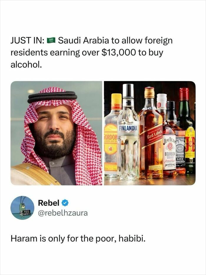 News about Saudi Arabia allowing foreign residents earning over $13,000 to buy alcohol with related godless comment