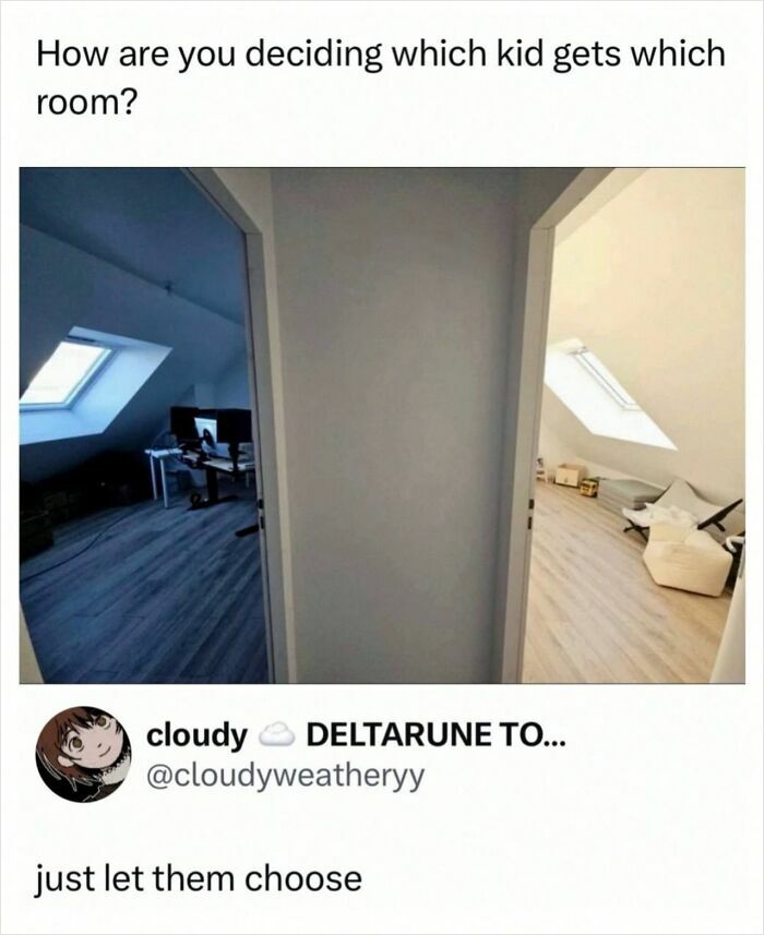 Photo showing two different lit rooms with one dark and one bright for kids choosing rooms