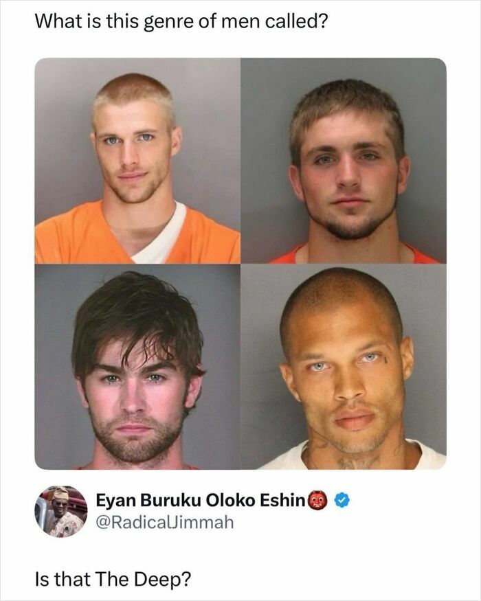 Mugshots of men with caption asking about godless comments genre