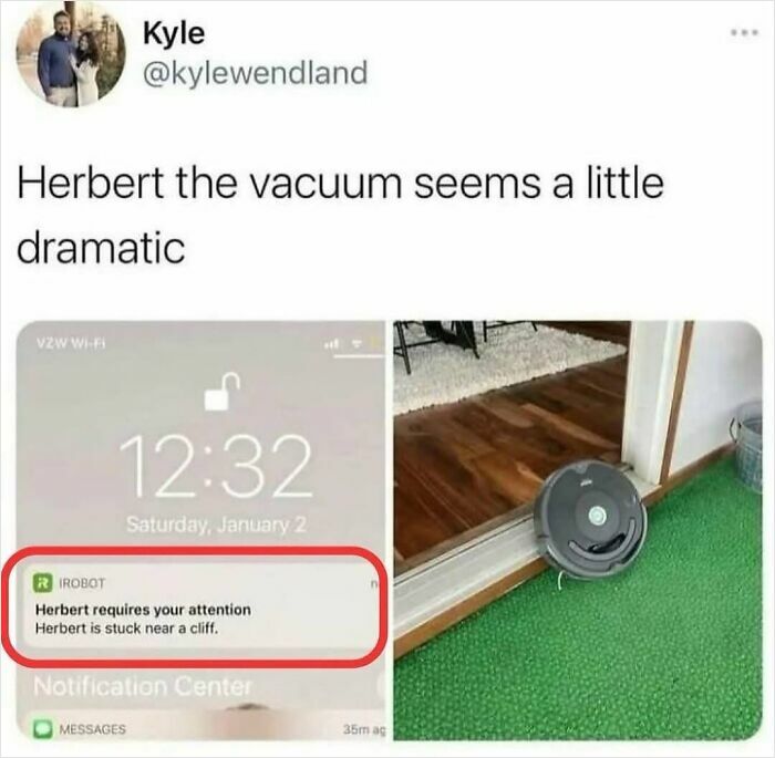 Robot vacuum stuck near threshold with humorous godless comments notification