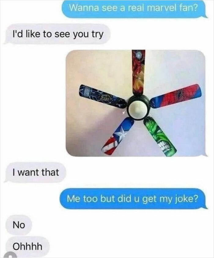 Text message exchange with photo of Marvel-themed ceiling fan blades