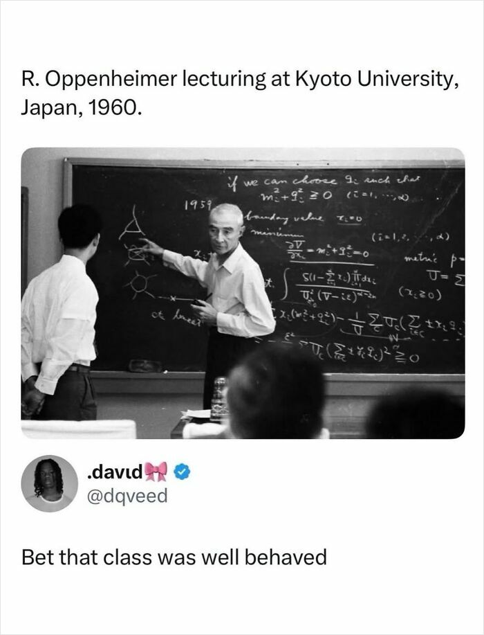 R. Oppenheimer lecturing at Kyoto University in 1960 with complex equations on blackboard