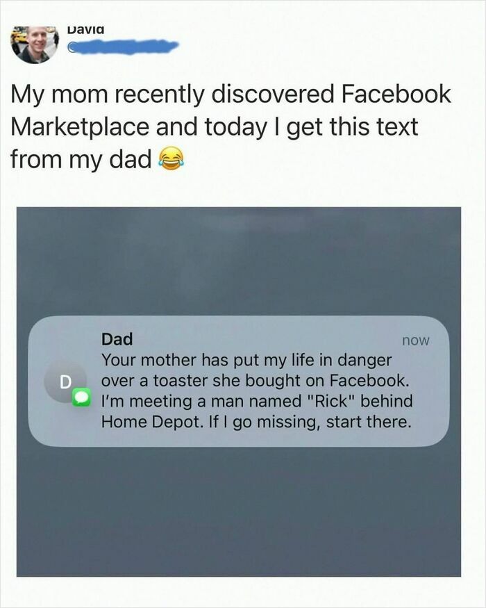 Dad jokes about Facebook Marketplace toaster and dangerous meeting with man named Rick