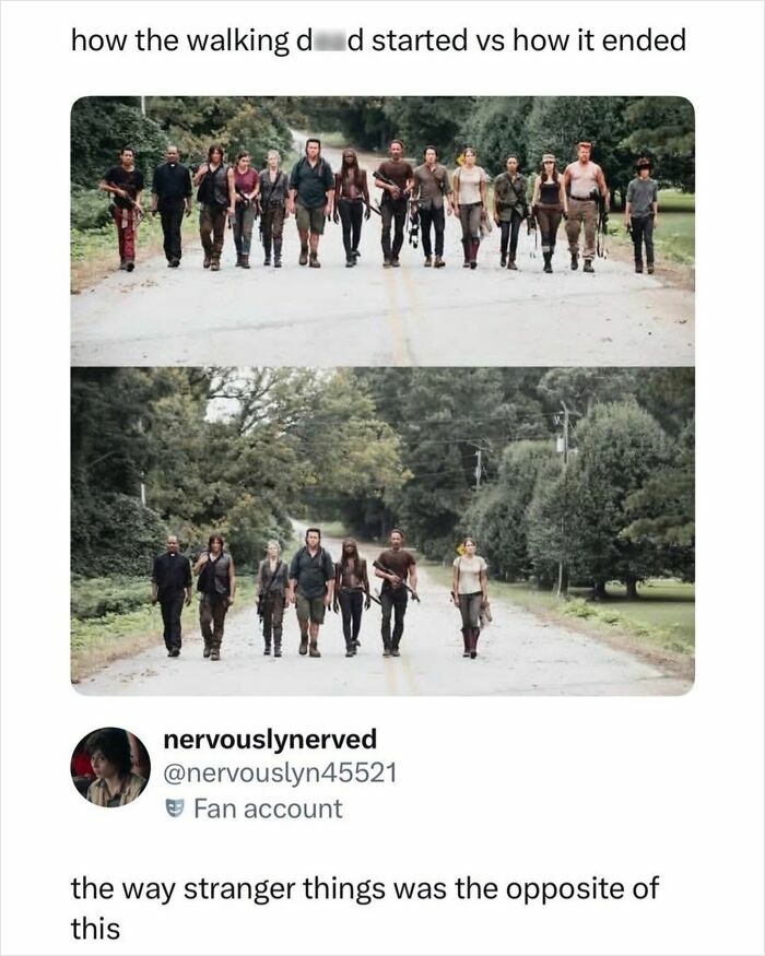Two images showing Walking D**d cast walking in groups with caption about show endings
