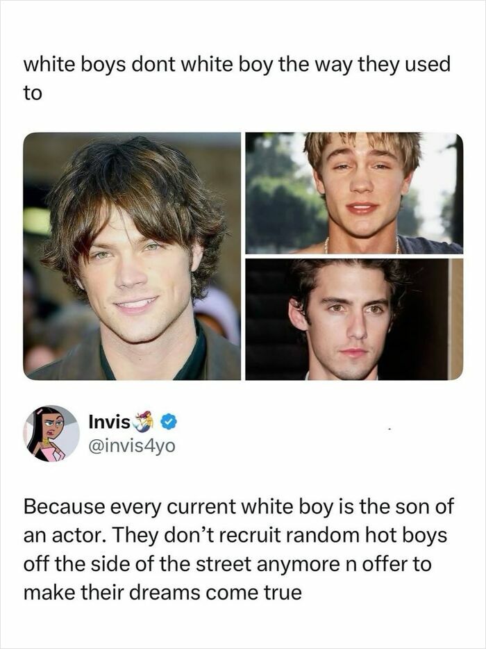 Collage of young male actors with comment on white boys