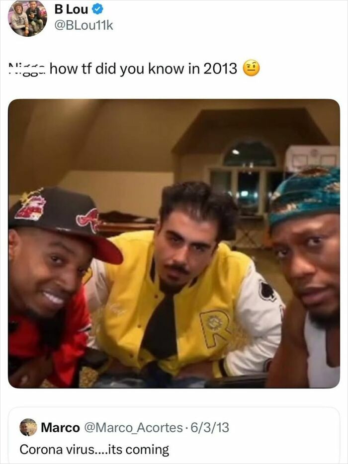 Three men looking at camera with coronavirus prediction tweet from 2013